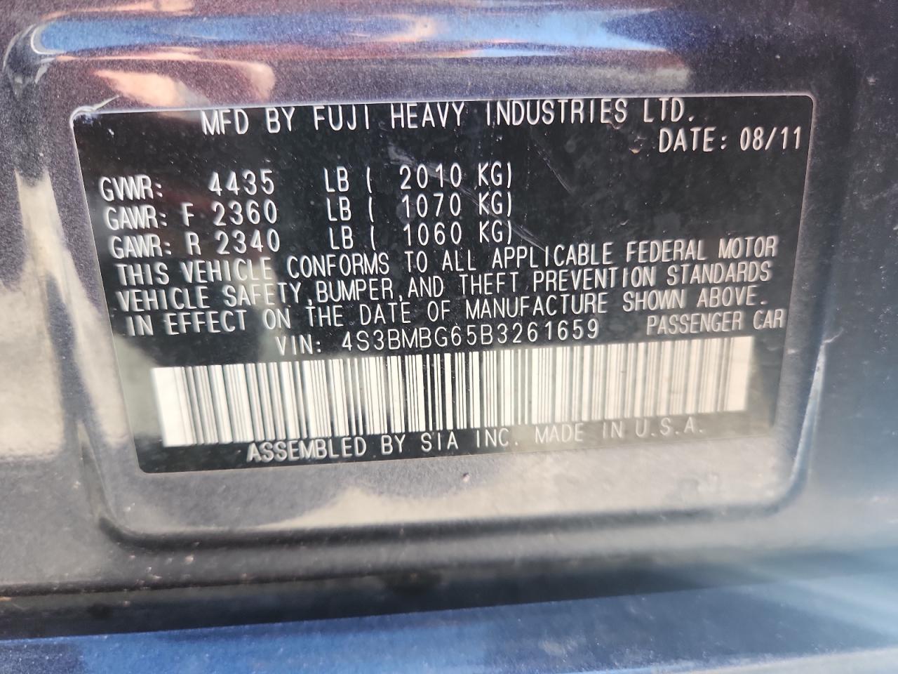 2011 Subaru Legacy 2.5I Premium VIN: 4S3BMBG65B3261659 Lot: 82168495