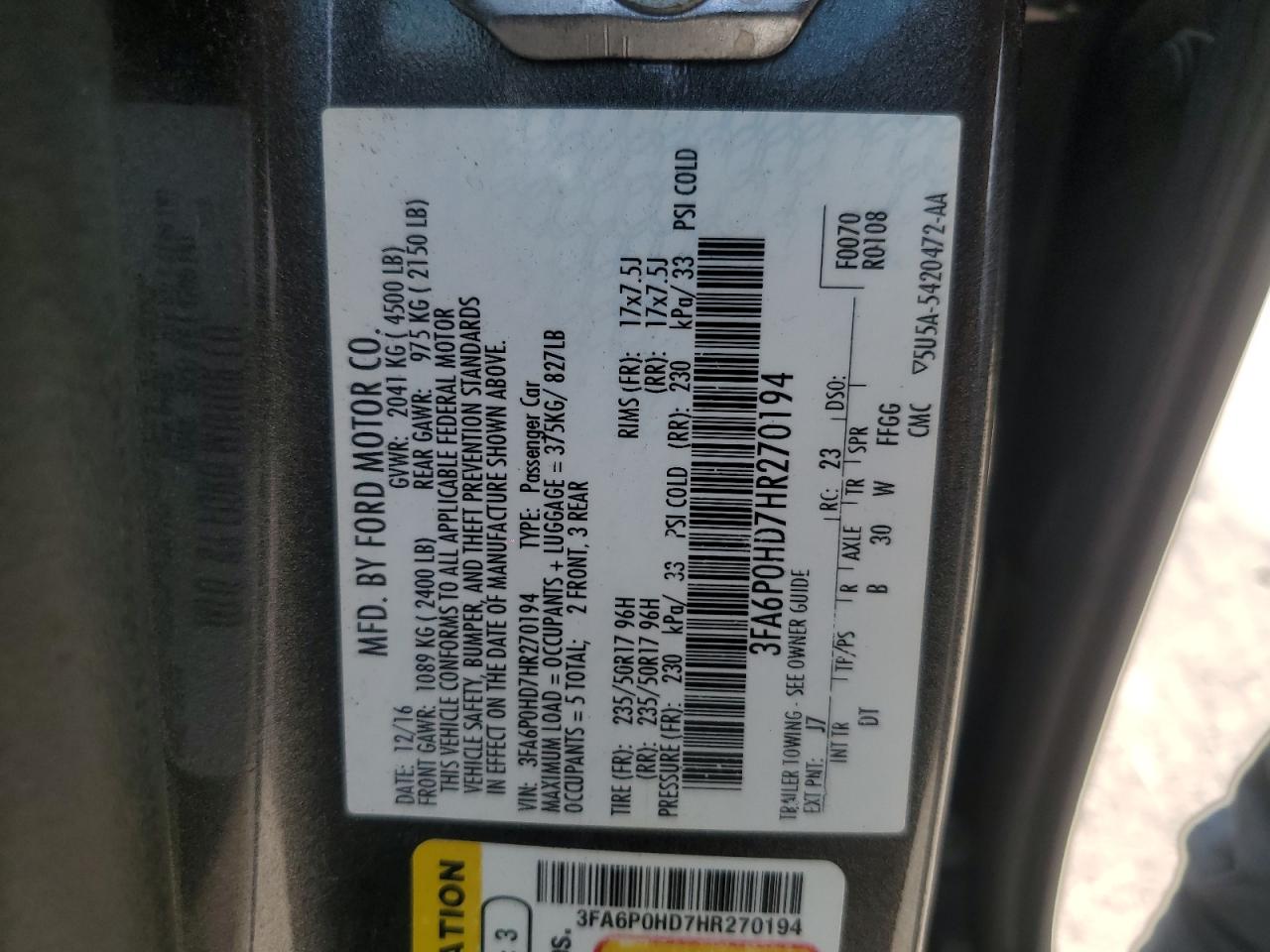 2017 Ford Fusion Se VIN: 3FA6P0HD7HR270194 Lot: 80481805