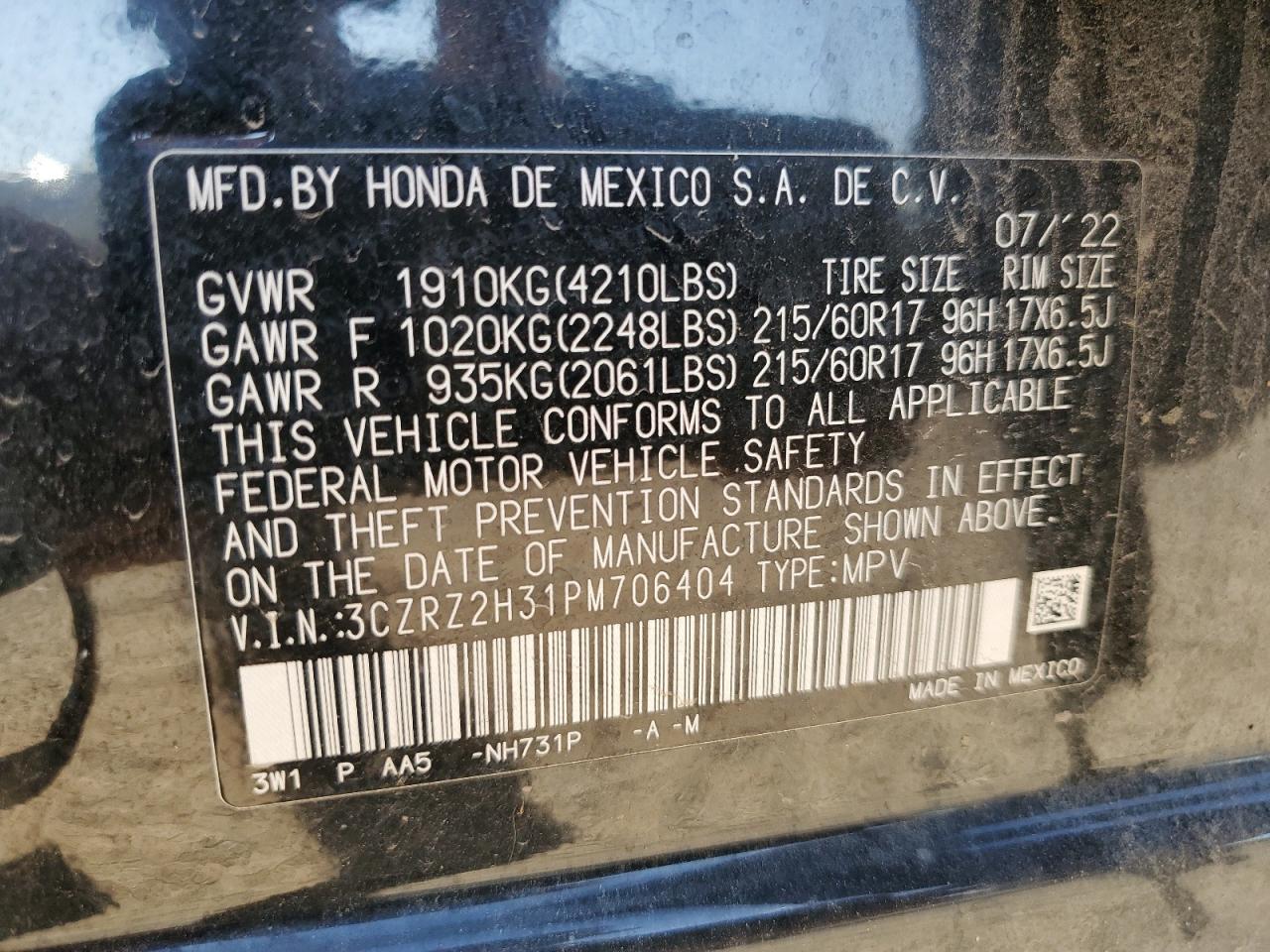 2023 Honda Hr-V Lx VIN: 3CZRZ2H31PM706404 Lot: 81158025