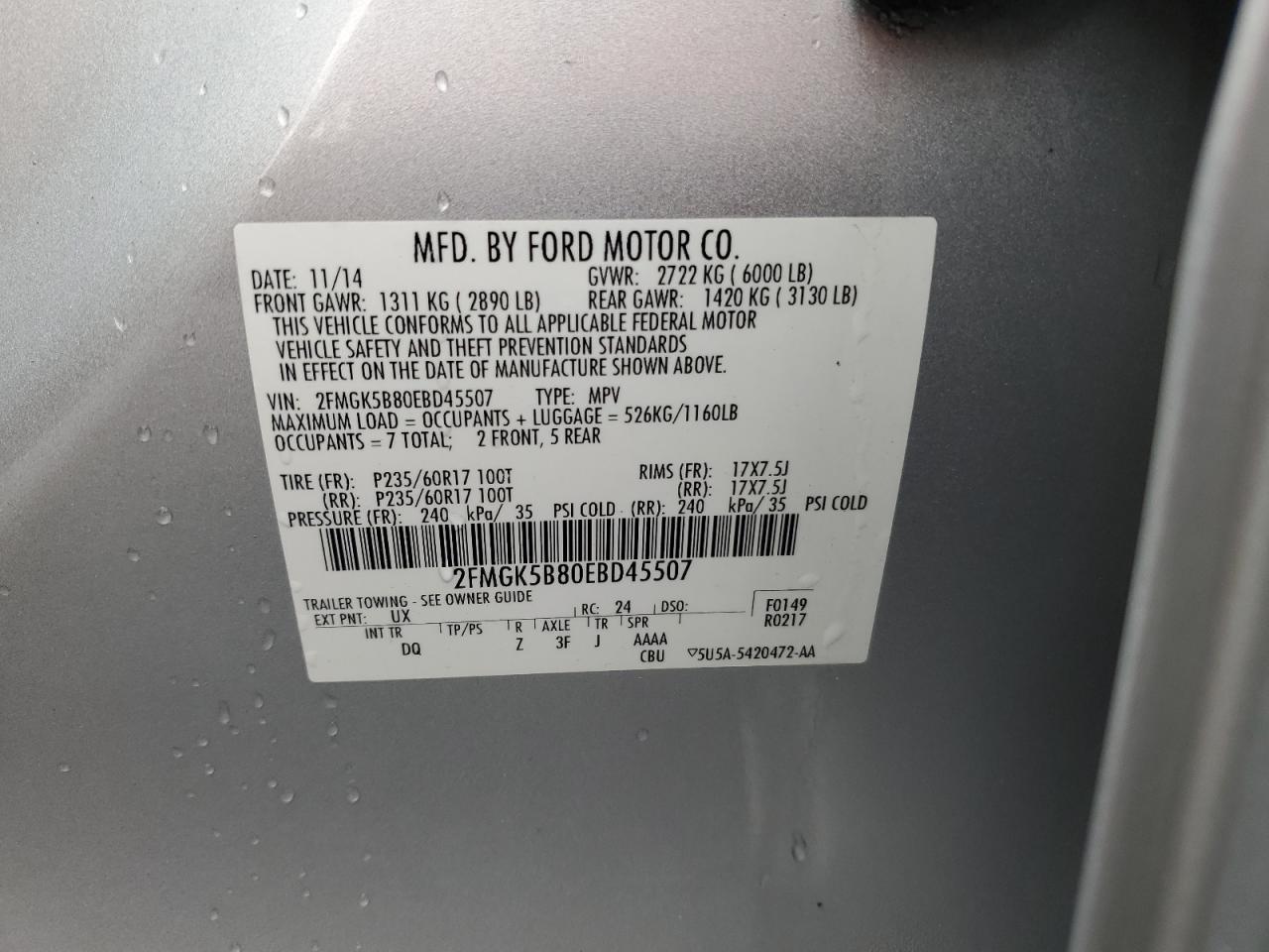 2014 Ford Flex Se VIN: 2FMGK5B80EBD45507 Lot: 70936995