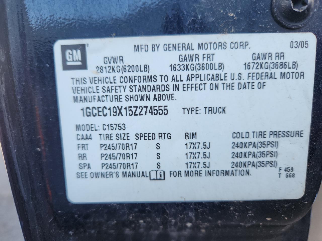 2005 Chevrolet Silverado C1500 VIN: 1GCEC19X15Z274555 Lot: 81807615