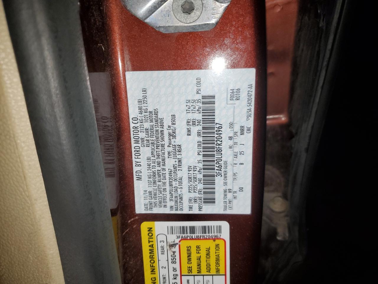 2015 Ford Fusion Se Hybrid VIN: 3FA6P0LU8FR204967 Lot: 84728795