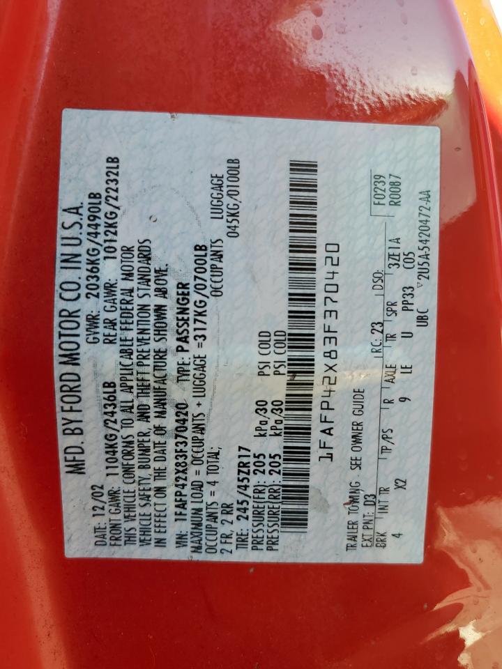 2003 Ford Mustang Gt VIN: 1FAFP42X83F370420 Lot: 84796865