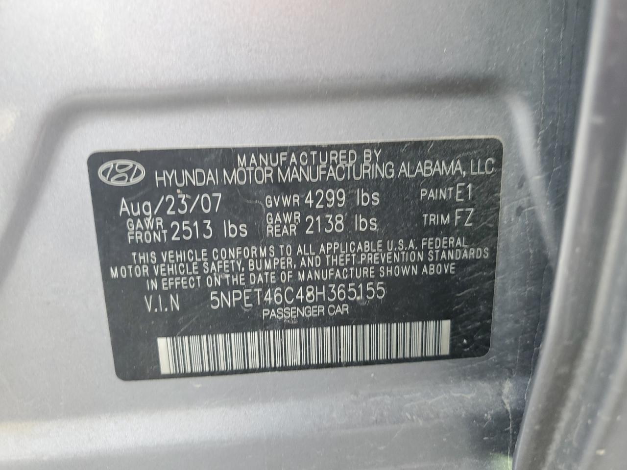 2008 Hyundai Sonata Gls VIN: 5NPET46C48H365155 Lot: 81683435