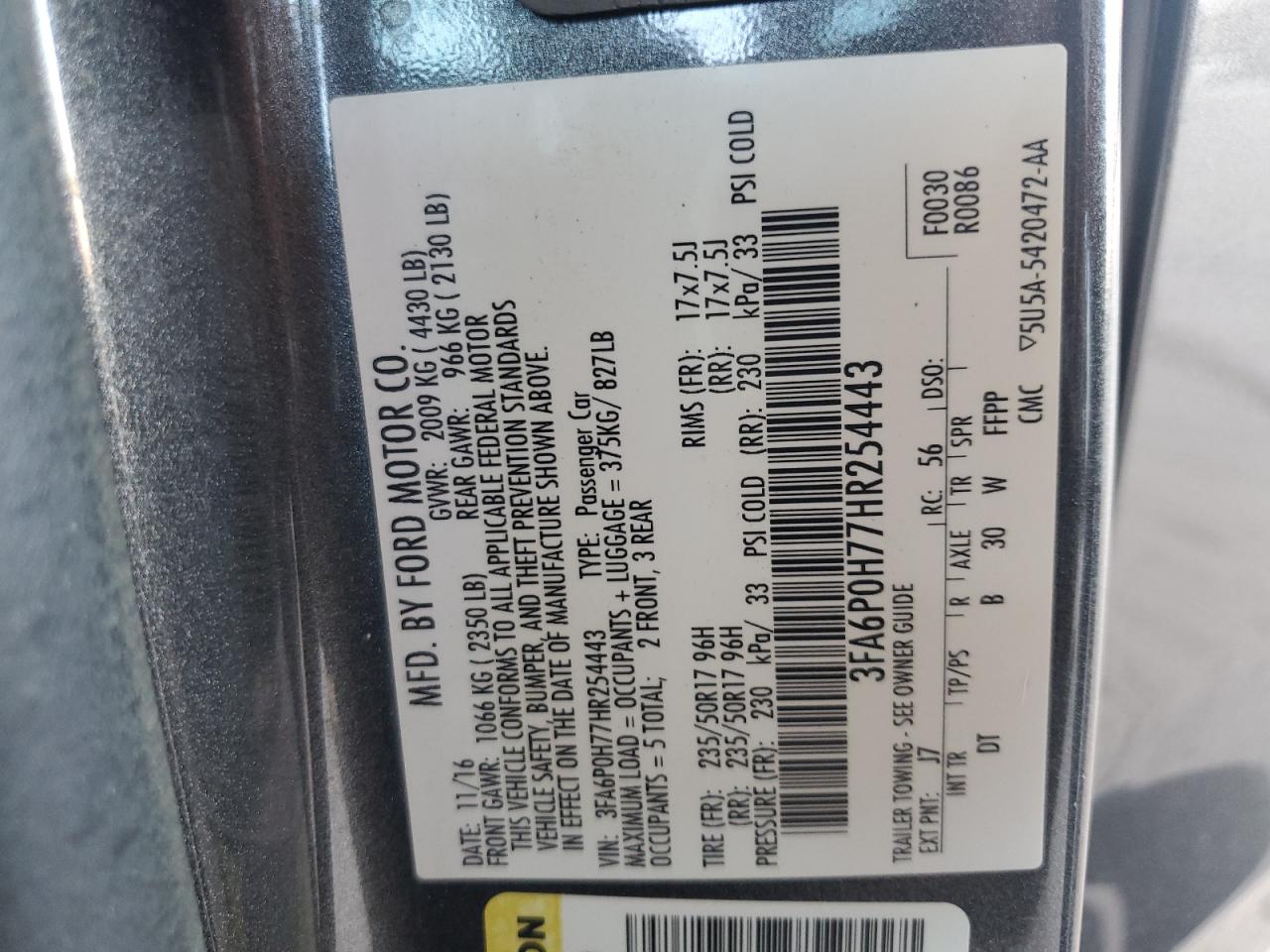 2017 Ford Fusion Se VIN: 3FA6P0H77HR254443 Lot: 81739905