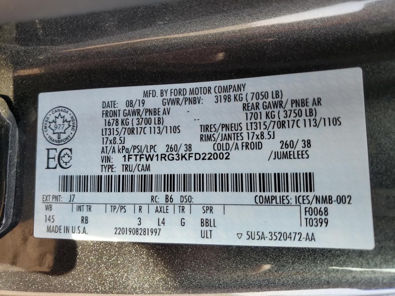 2019 Ford F150 Raptor VIN: 1FTFW1RG3KFD22002 Lot: 71565035