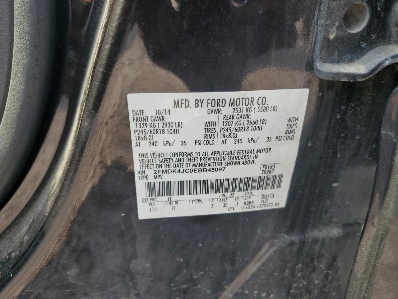 2014 Ford Edge Sel VIN: 2FMDK4JC0EBB45097 Lot: 71449185