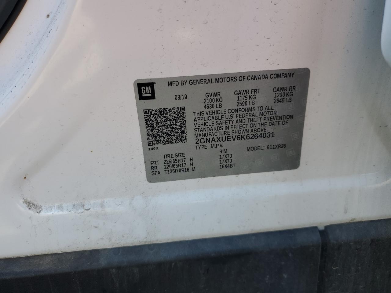 2019 Chevrolet Equinox Lt VIN: 2GNAXUEV6K6264031 Lot: 82101425