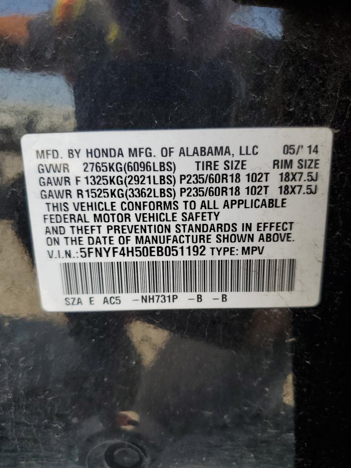 2014 Honda Pilot Exl VIN: 5FNYF4H50EB051192 Lot: 81369485