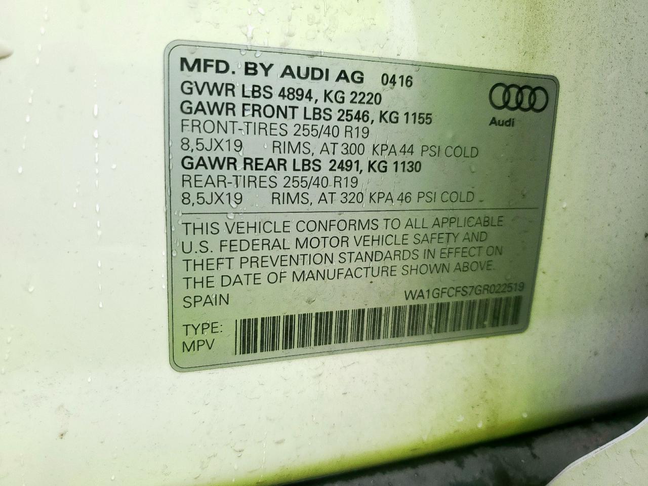 2016 Audi Q3 Prestige VIN: WA1GFCFS7GR022519 Lot: 83824895