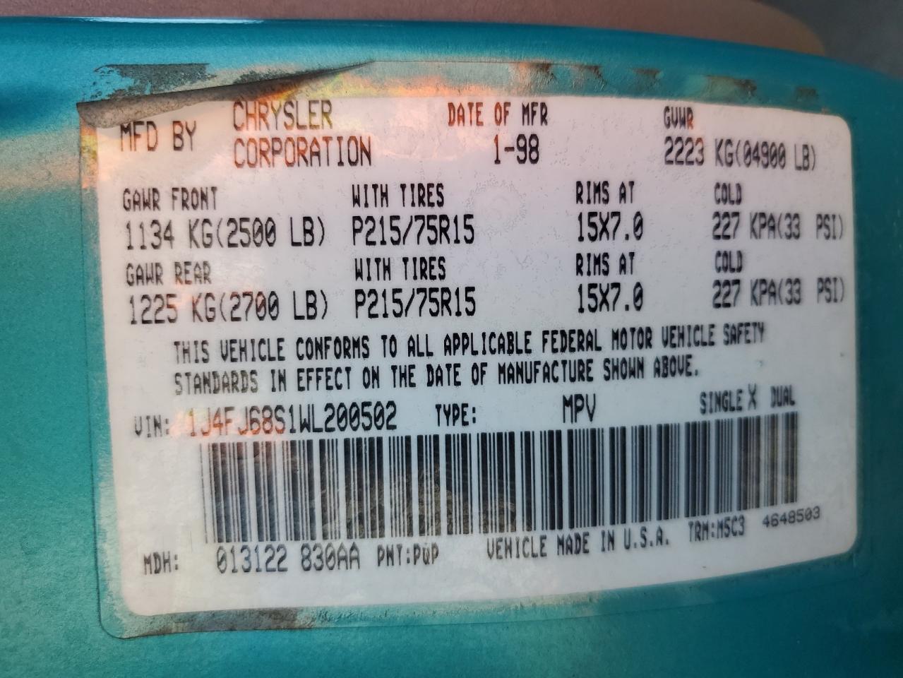 1998 Jeep Cherokee Sport VIN: 1J4FJ68S1WL200502 Lot: 81717195