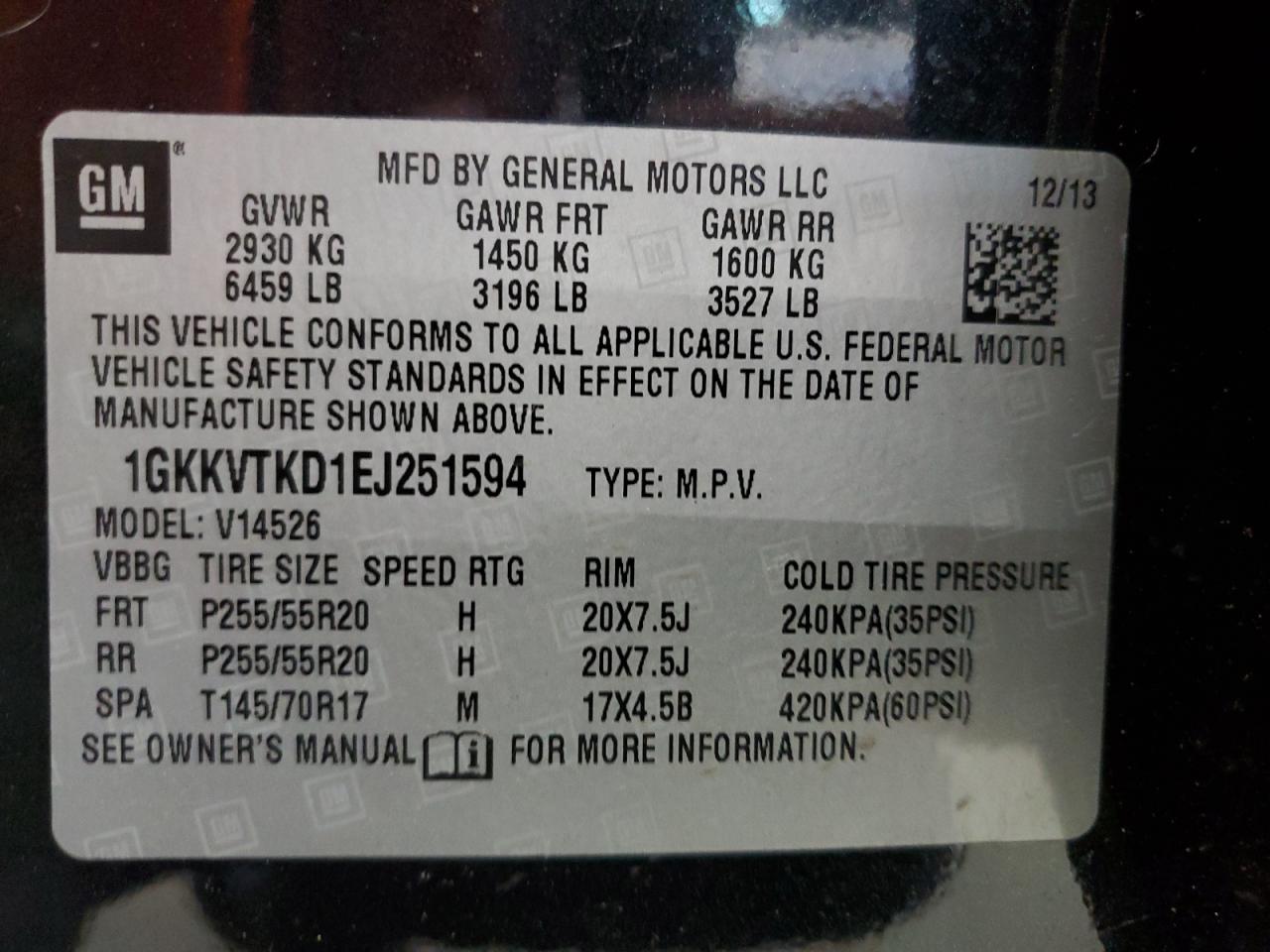 2014 GMC Acadia Denali VIN: 1GKKVTKD1EJ251594 Lot: 70039585