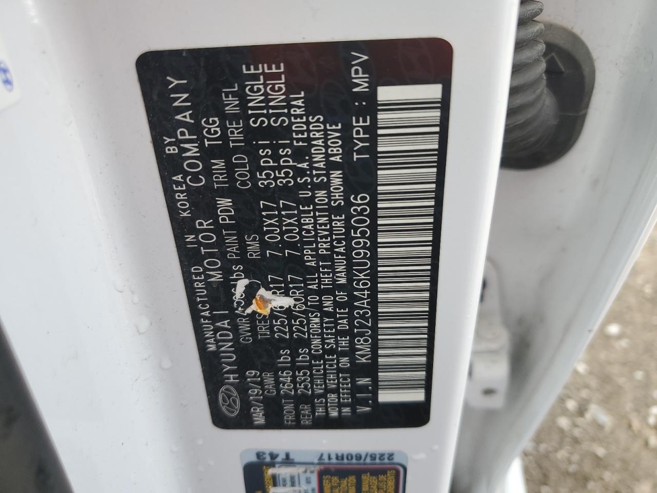 2019 Hyundai Tucson Se VIN: KM8J23A46KU995036 Lot: 81153085