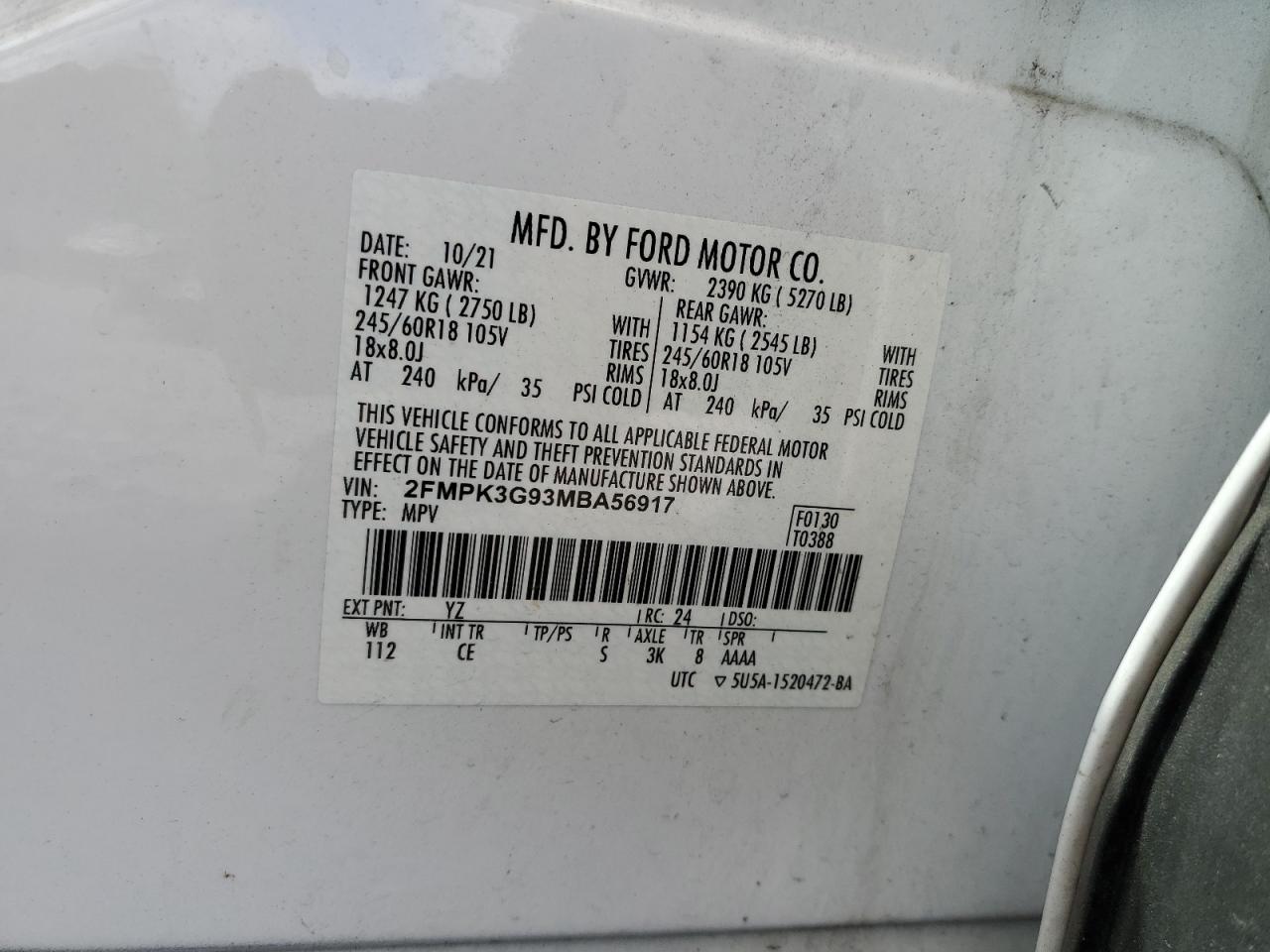 2021 Ford Edge Se VIN: 2FMPK3G93MBA56917 Lot: 81602495