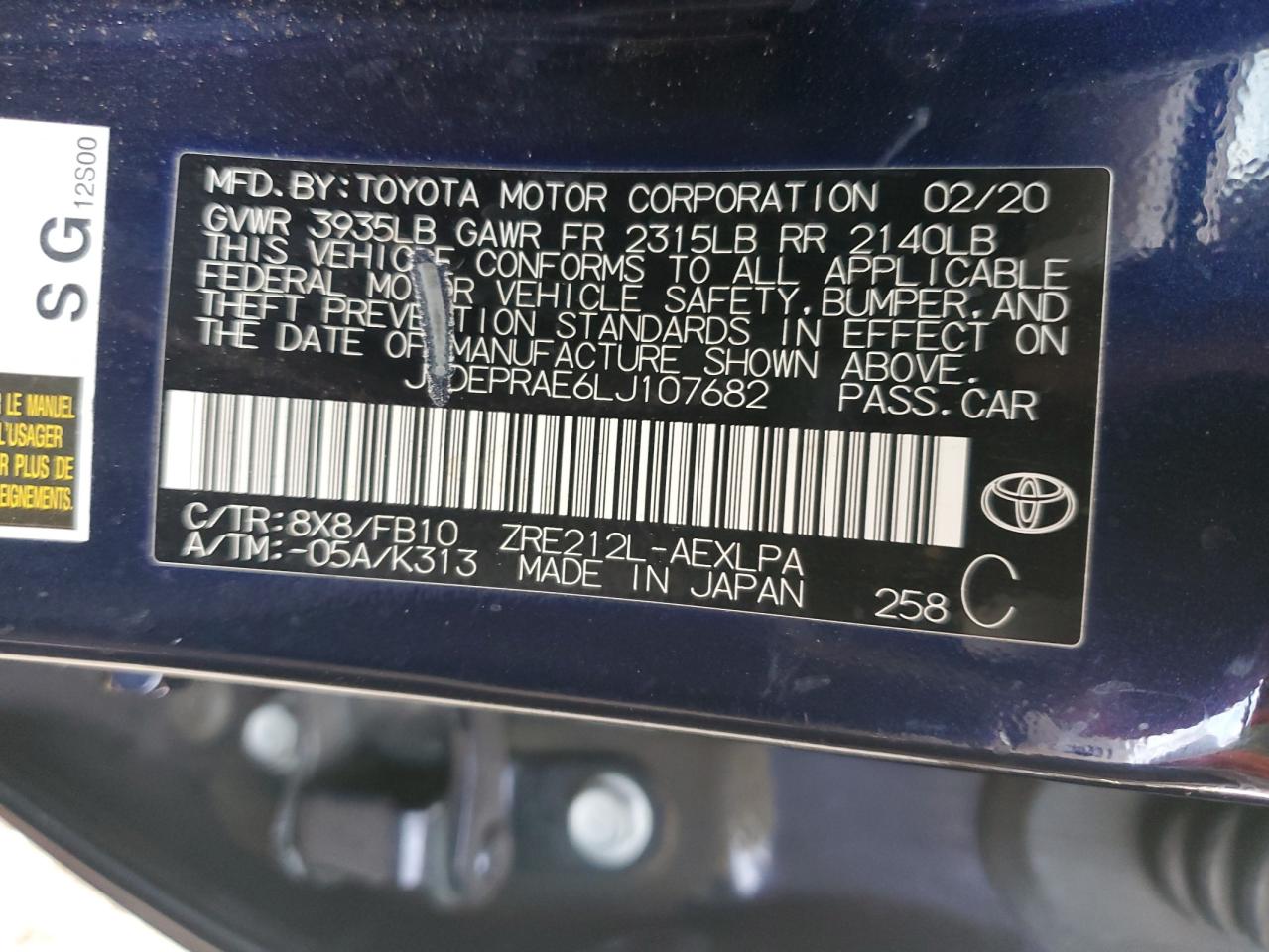 2020 Toyota Corolla Le VIN: JTDEPRAE6LJ107682 Lot: 84060875