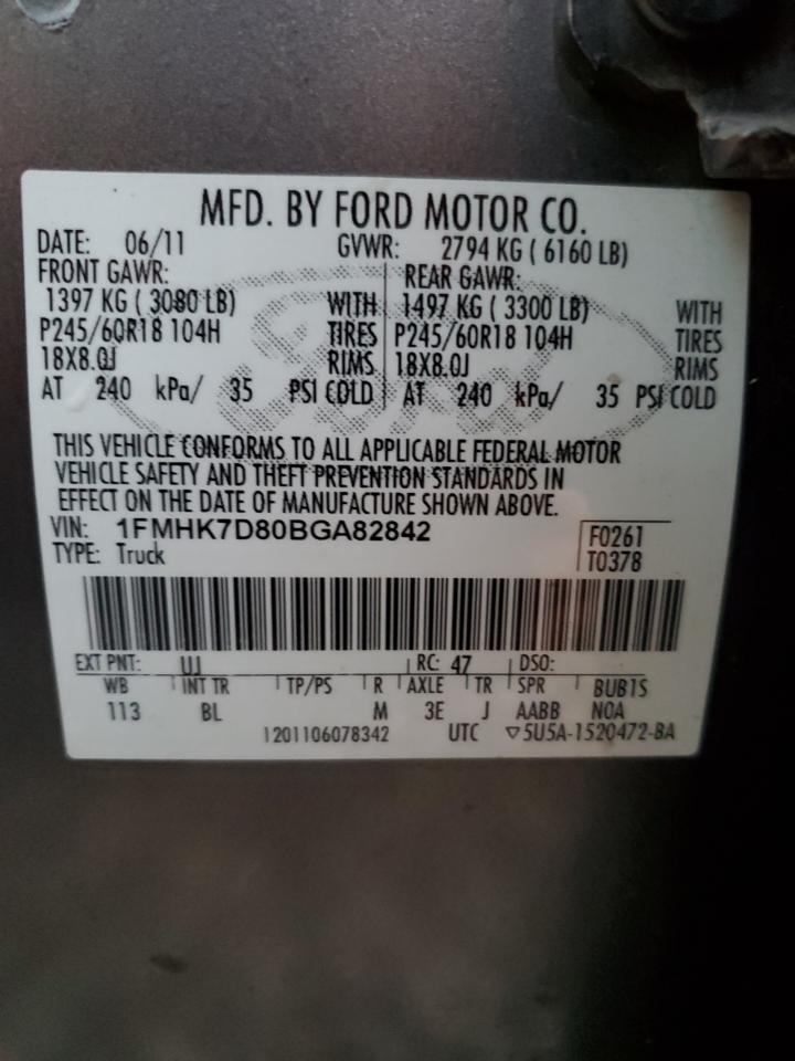 2011 Ford Explorer Xlt VIN: 1FMHK7D80BGA82842 Lot: 81792625