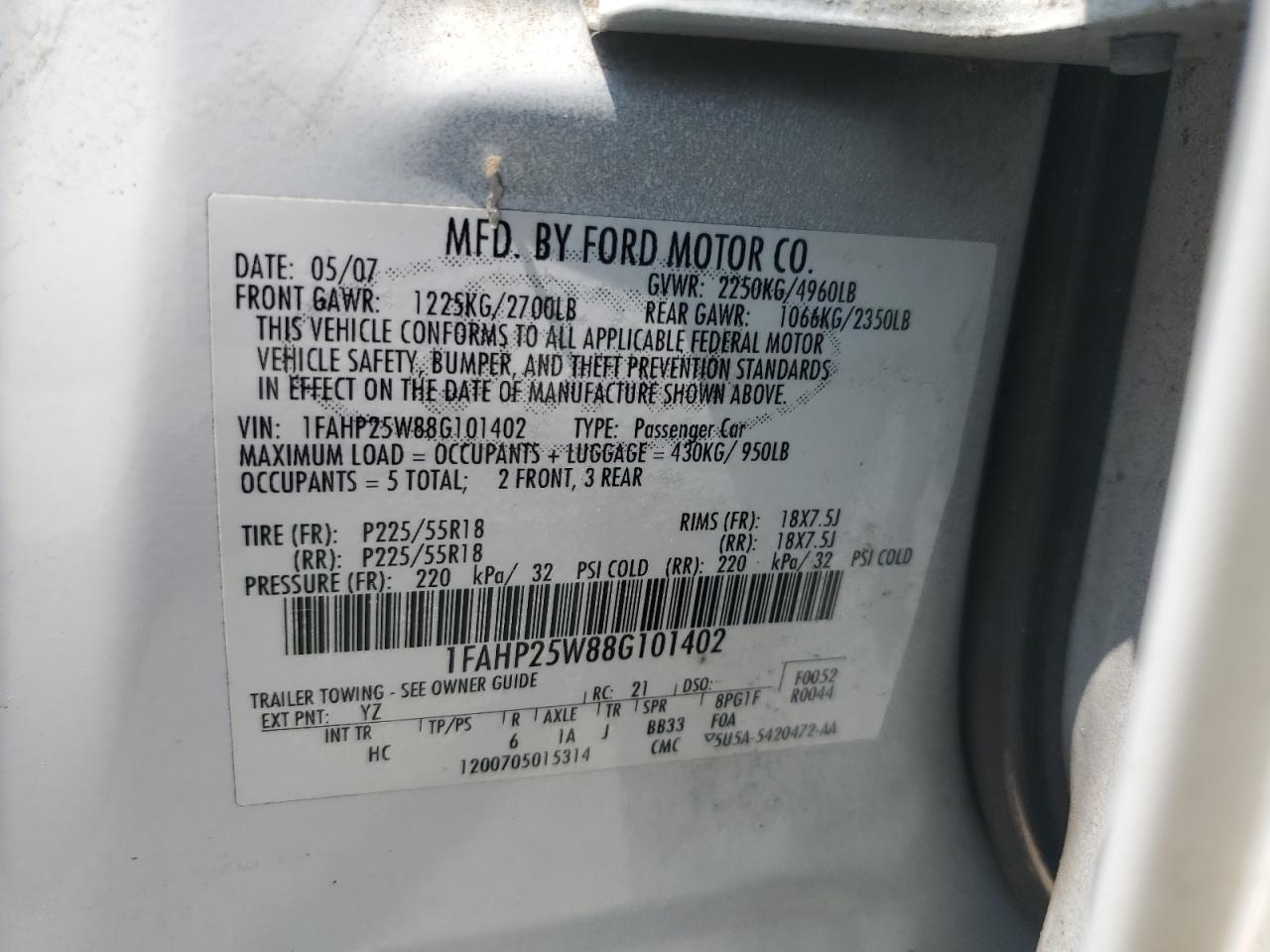 2008 Ford Taurus Limited VIN: 1FAHP25W88G101402 Lot: 72054675