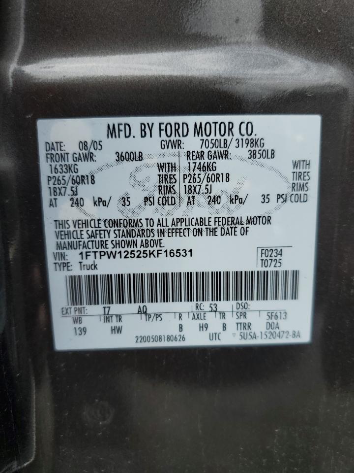2005 Ford F150 Supercrew VIN: 1FTPW12525KF16531 Lot: 84053725