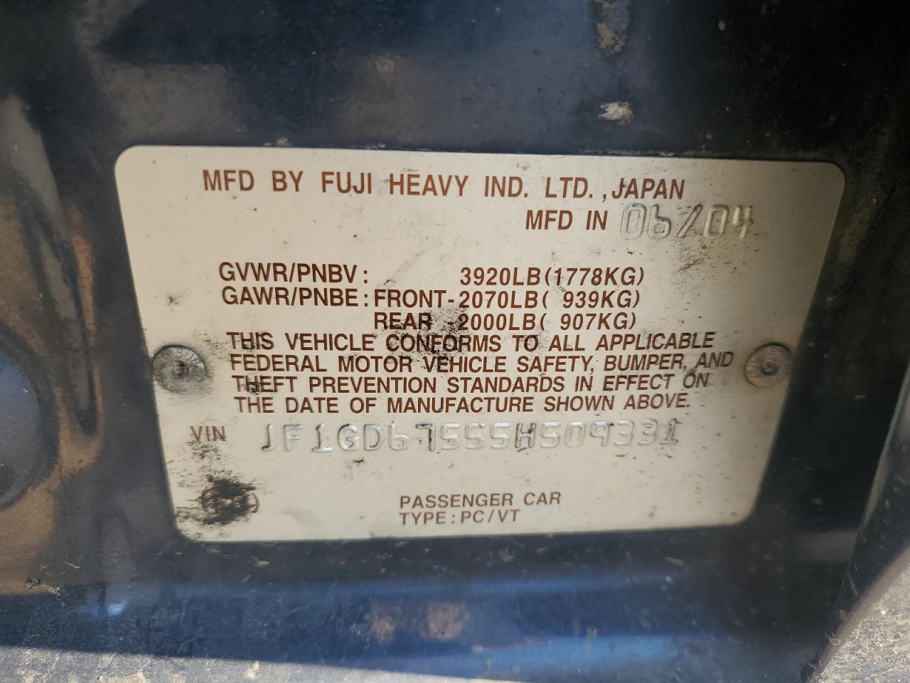 2005 Subaru Impreza Rs VIN: JF1GD67555H509331 Lot: 93568695