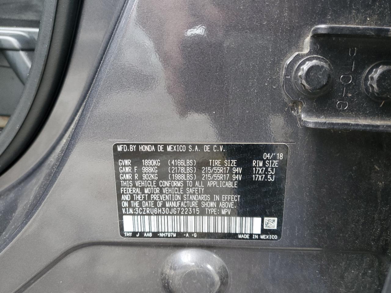 2018 Honda Hr-V Lx VIN: 3CZRU6H30JG722315 Lot: 81646875