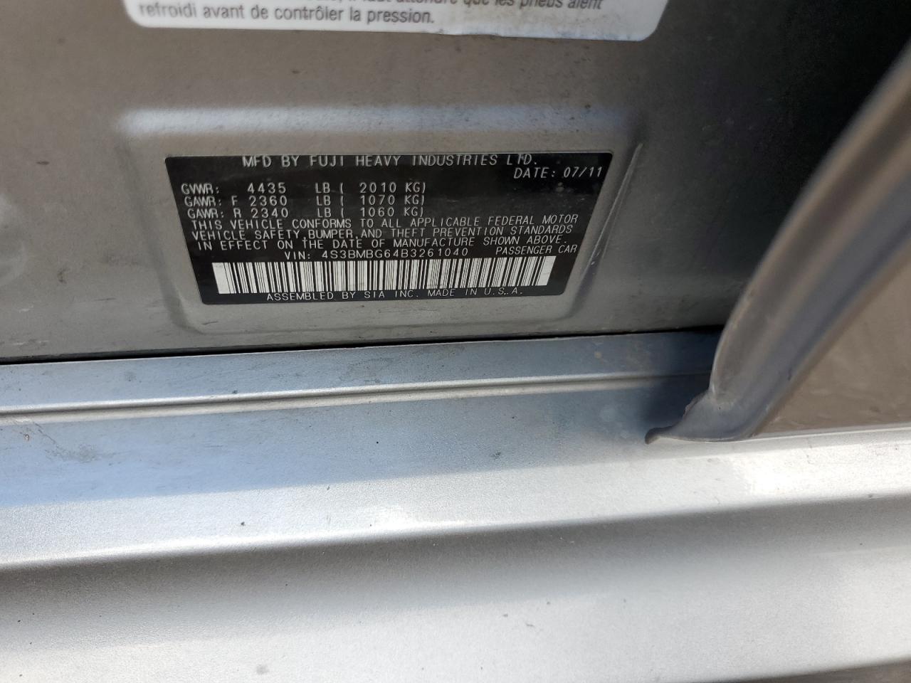 2011 Subaru Legacy 2.5I Premium VIN: 4S3BMBG64B3261040 Lot: 80926615