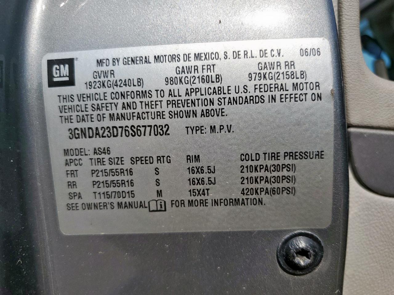 2006 Chevrolet Hhr Lt VIN: 3GNDA23D76S677032 Lot: 71948295