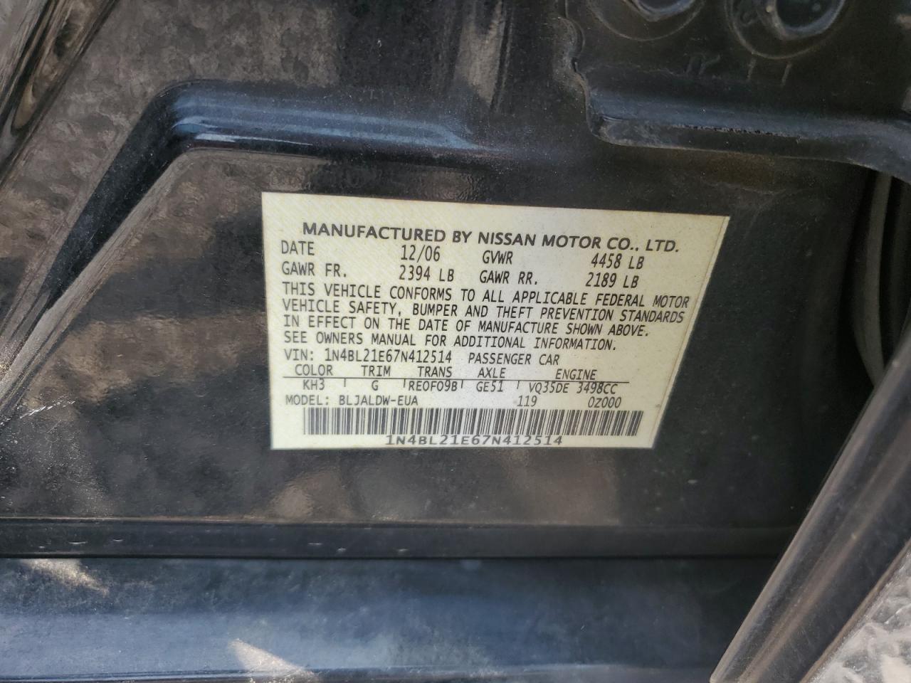 2007 Nissan Altima 3.5Se VIN: 1N4BL21E67N412514 Lot: 70865085