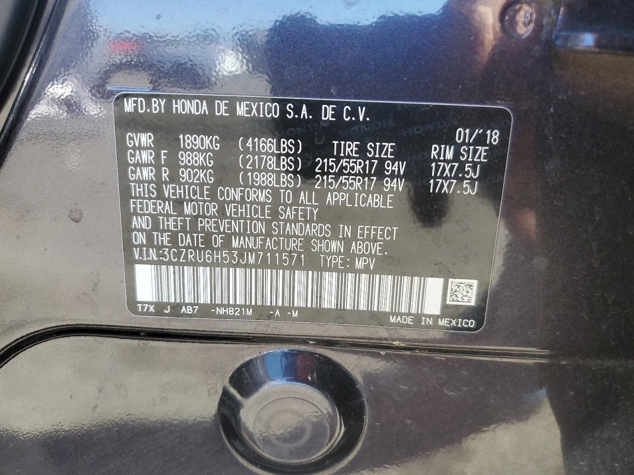 2018 Honda Hr-V Ex VIN: 3CZRU6H53JM711571 Lot: 80536115