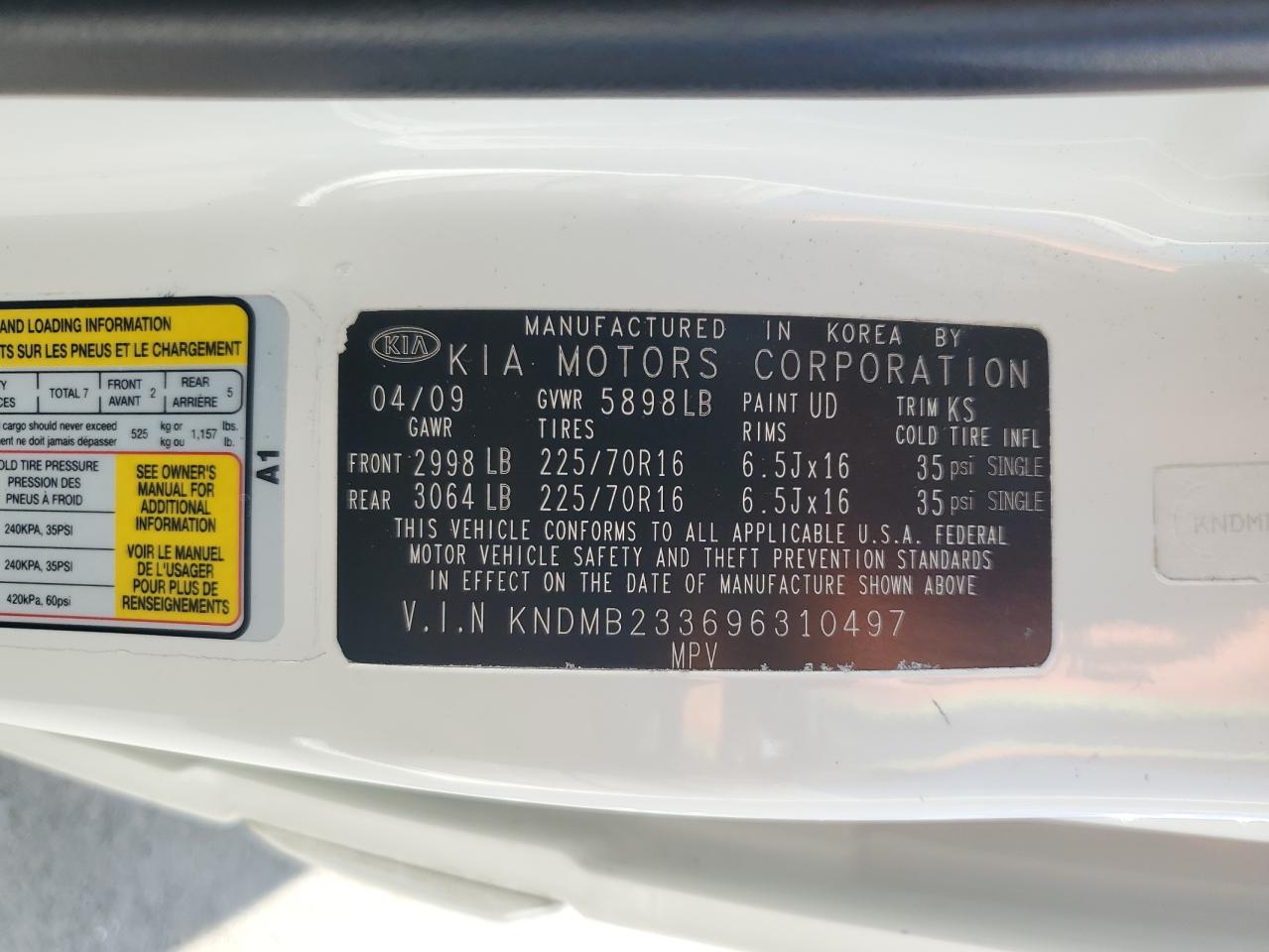 2009 Kia Sedona Ex VIN: KNDMB233696310497 Lot: 81181485