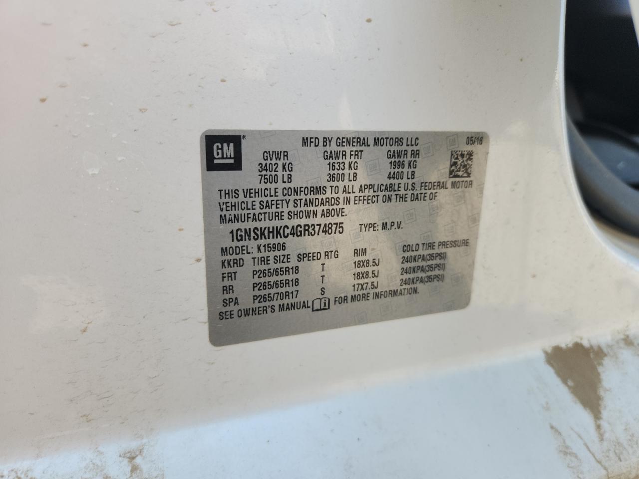 2016 Chevrolet Suburban K1500 Lt VIN: 1GNSKHKC4GR374875 Lot: 71611615