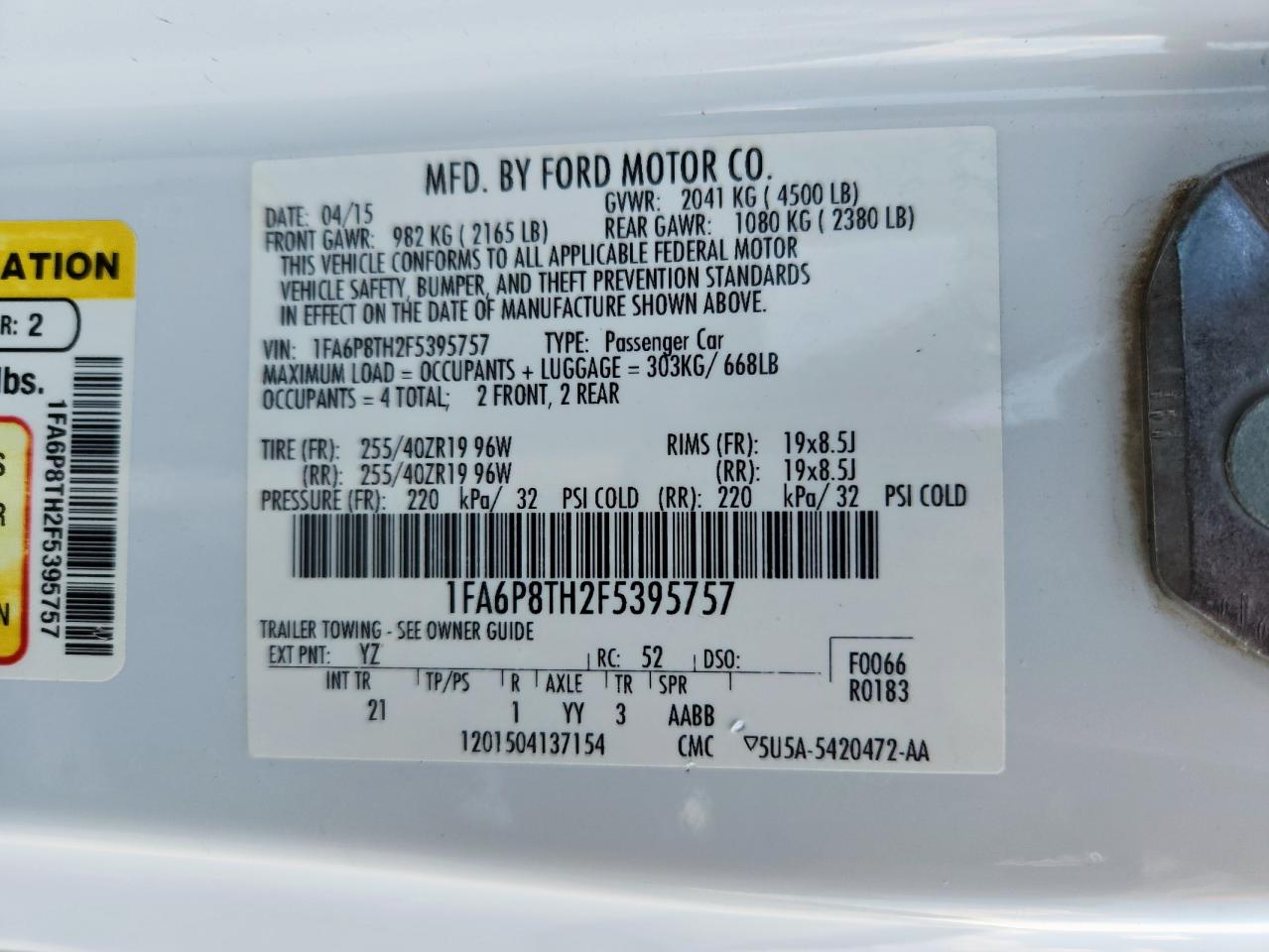 2015 Ford Mustang VIN: 1FA6P8TH2F5395757 Lot: 81156925