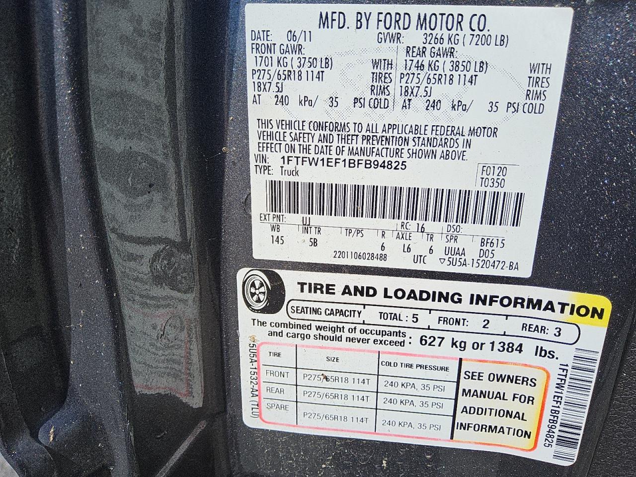 2011 Ford F150 Supercrew VIN: 1FTFW1EF1BFB94825 Lot: 71119725