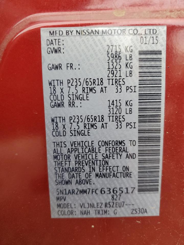 2015 Nissan Pathfinder S VIN: 5N1AR2MM7FC636517 Lot: 80690665