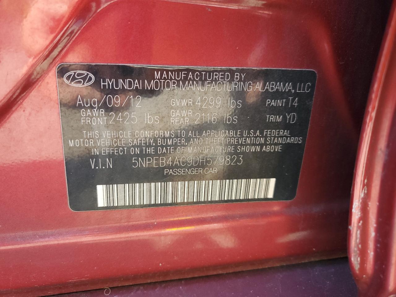 2013 Hyundai Sonata Gls VIN: 5NPEB4AC9DH579823 Lot: 80752275