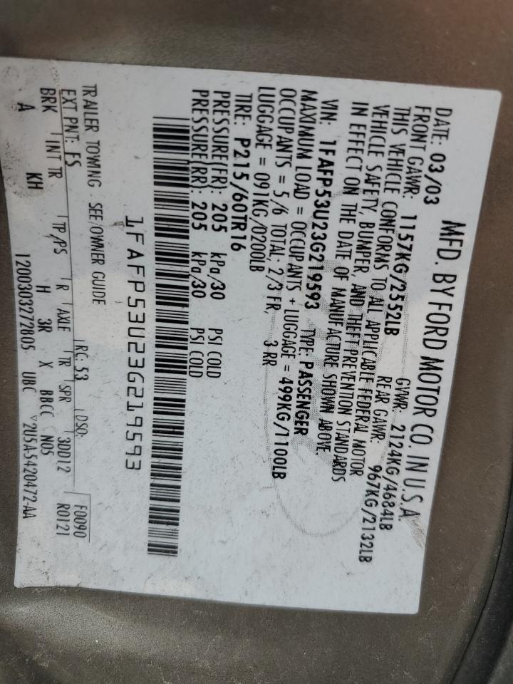 2003 Ford Taurus Se VIN: 1FAFP53U23G219593 Lot: 71549065