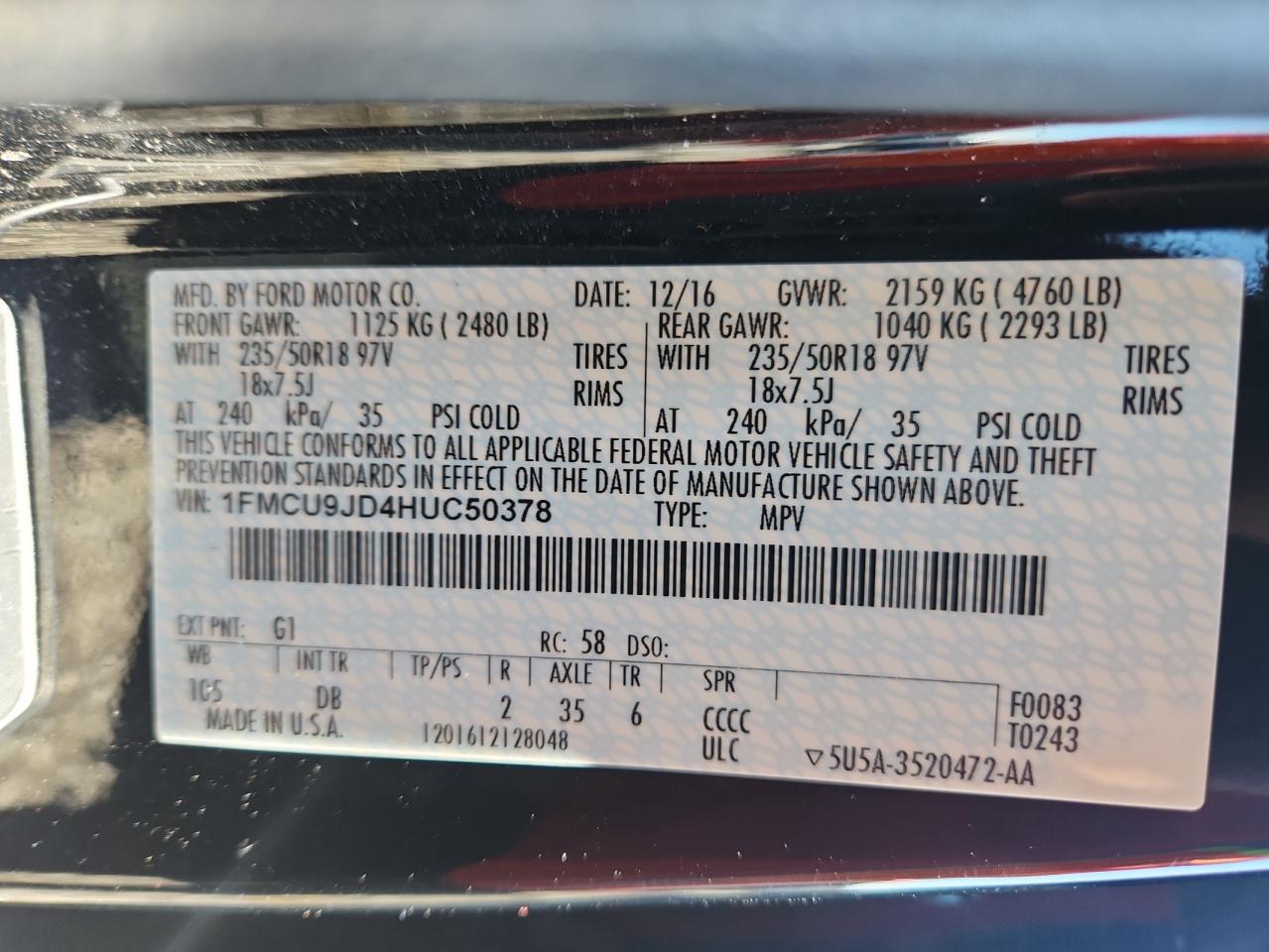 2017 Ford Escape Titanium VIN: 1FMCU9JD4HUC50378 Lot: 82120745