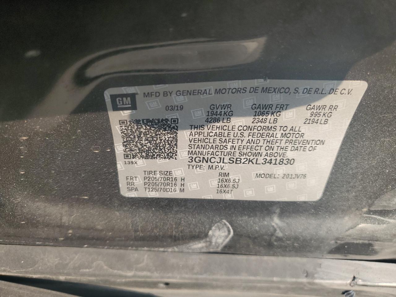 2019 Chevrolet Trax 1Lt VIN: 3GNCJLSB2KL341830 Lot: 81218025