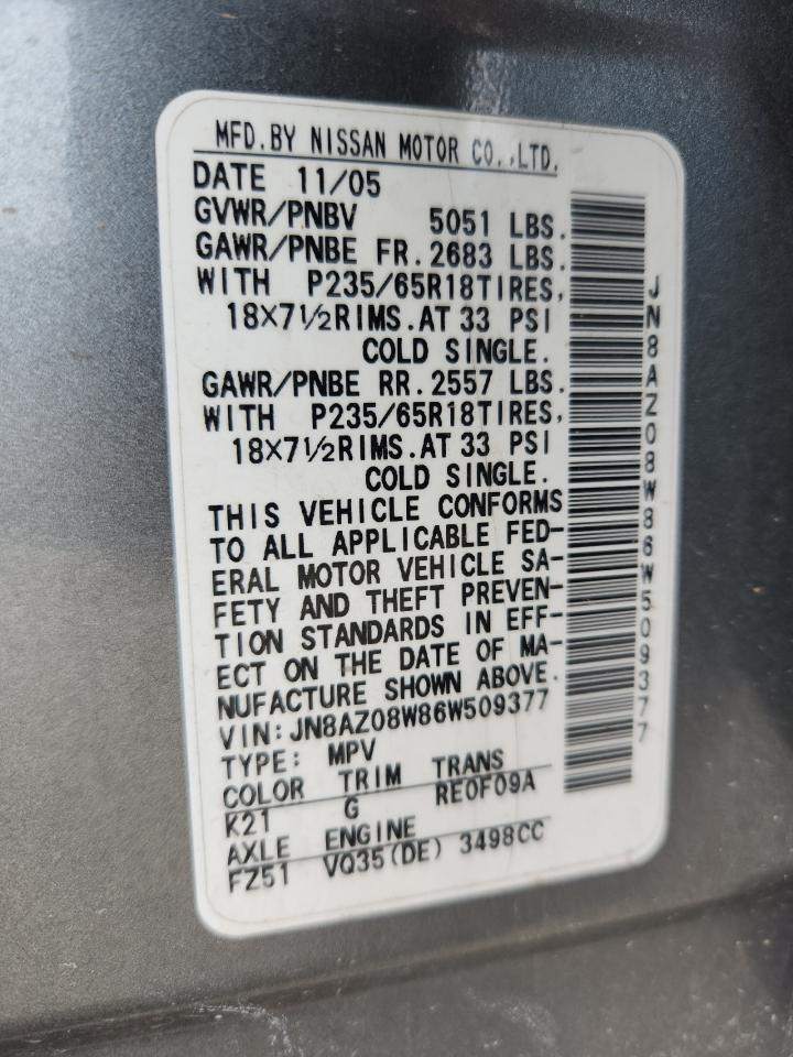 2006 Nissan Murano Sl VIN: JN8AZ08W86W509377 Lot: 70674615
