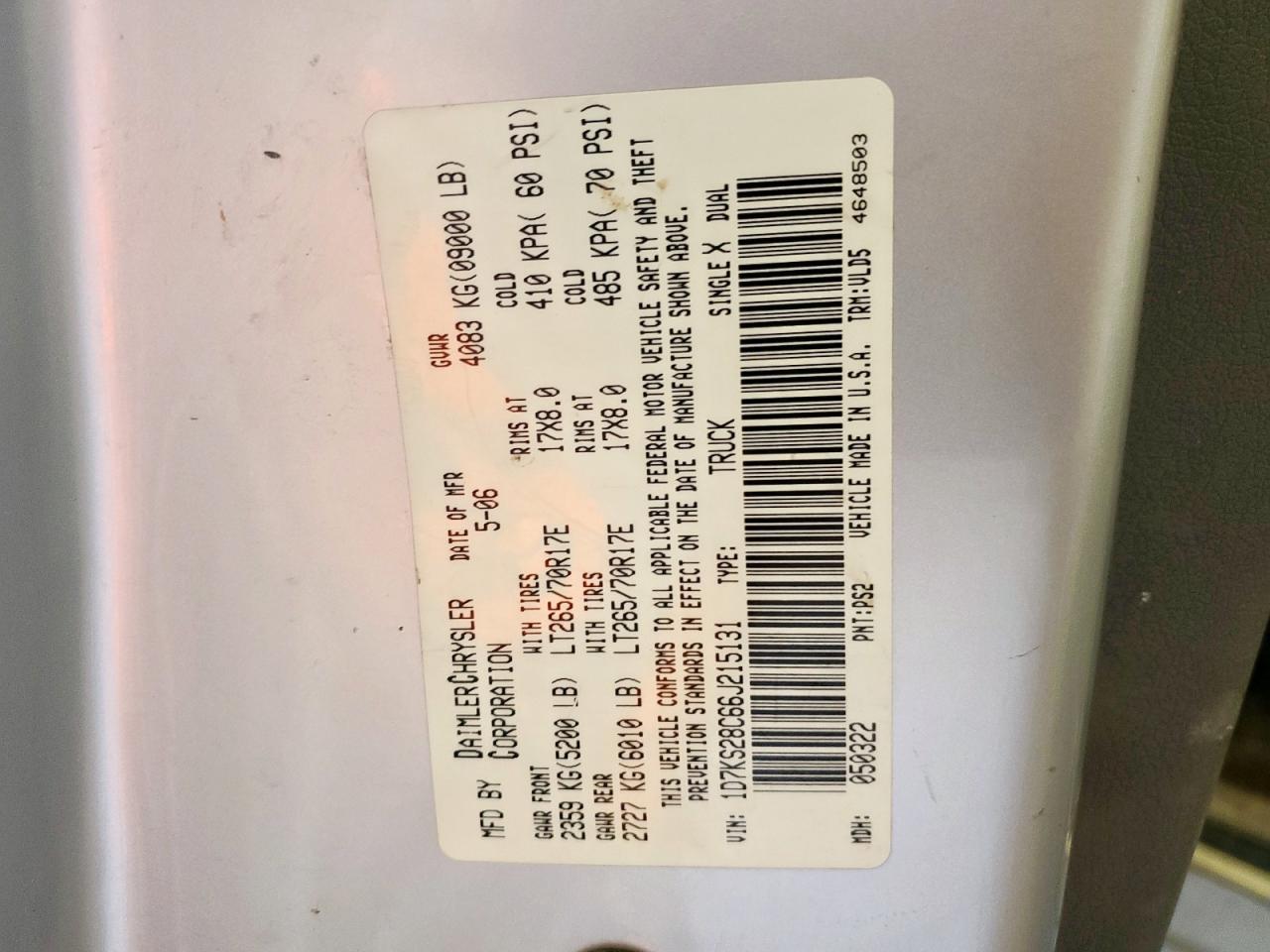 2006 Dodge Ram 2500 St VIN: 1D7KS28C66J215131 Lot: 84699895