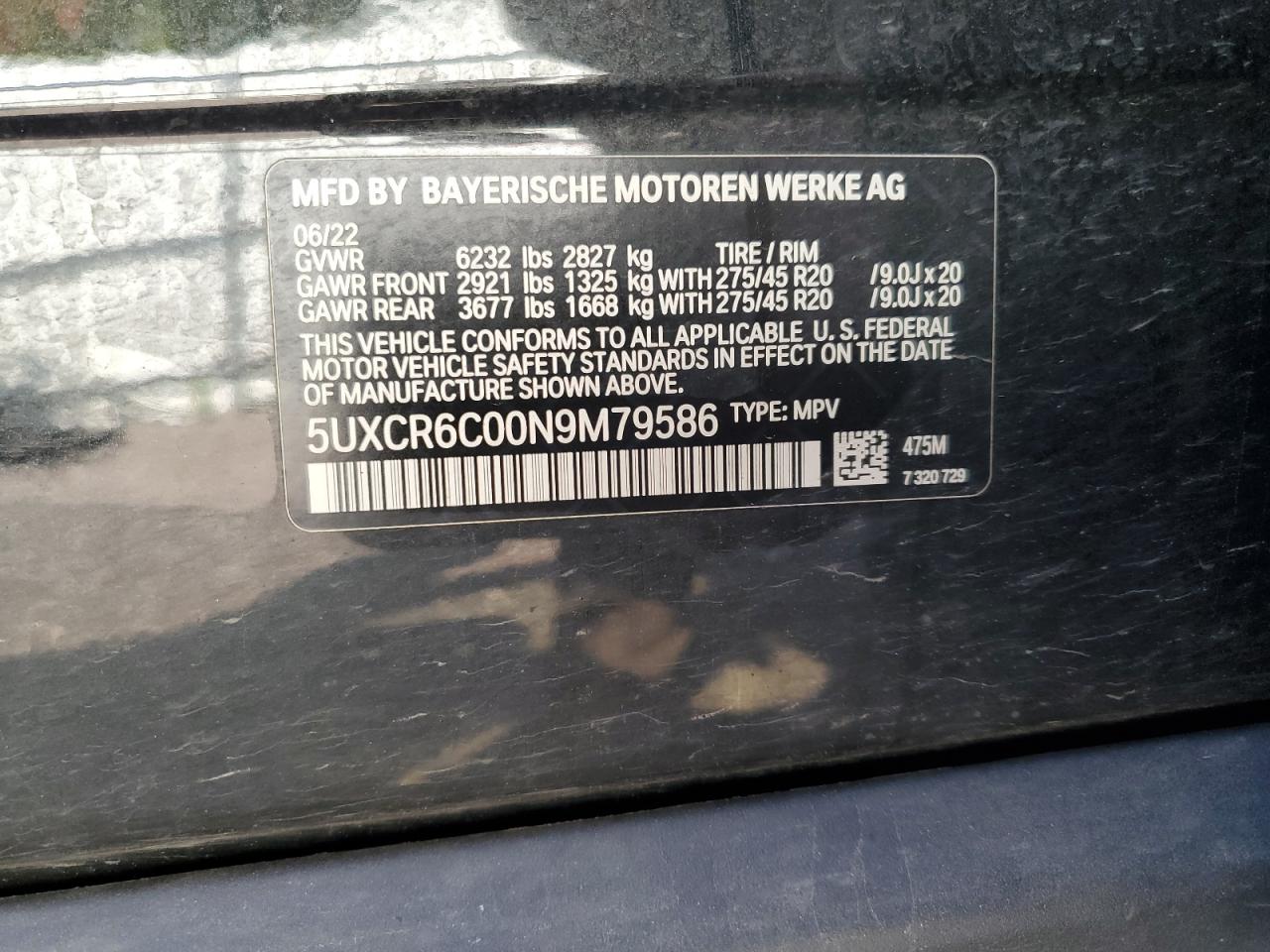 2022 BMW X5 xDrive40I VIN: 5UXCR6C00N9M79586 Lot: 80313865