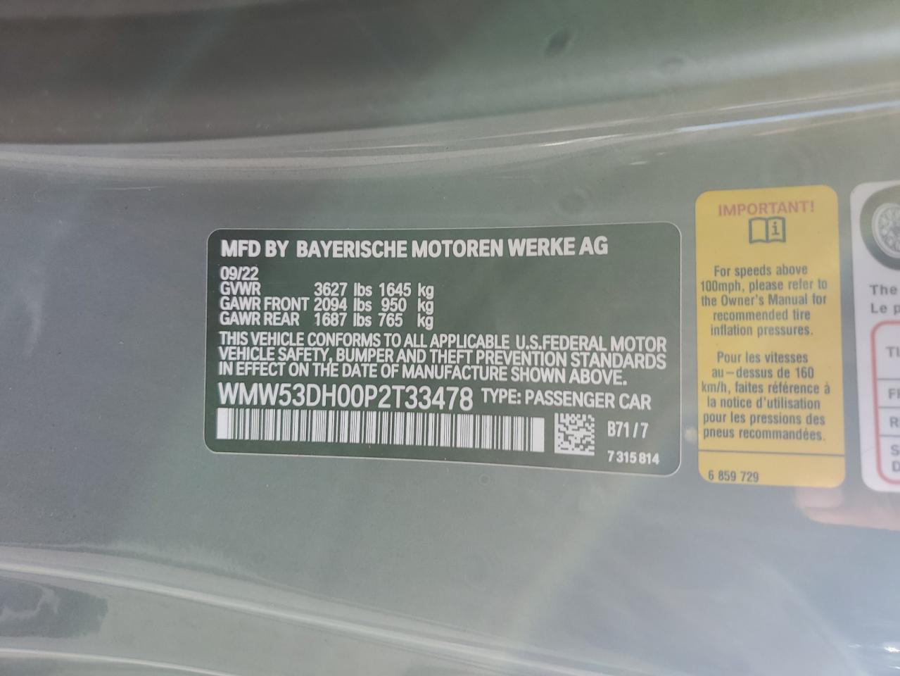 2023 Mini Cooper S VIN: WMW53DH00P2T33478 Lot: 81601005