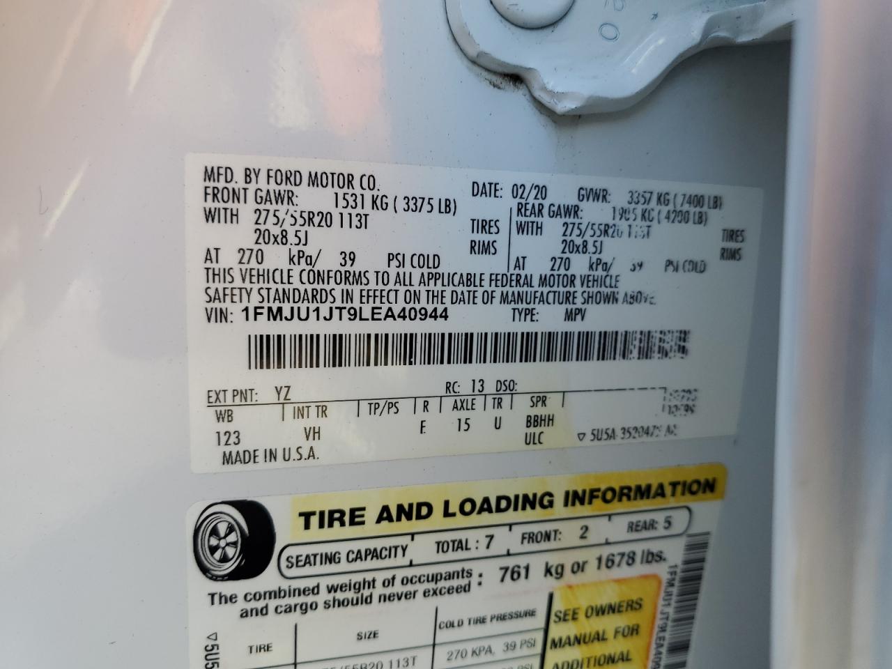 2020 Ford Expedition Xlt VIN: 1FMJU1JT9LEA40944 Lot: 84200895