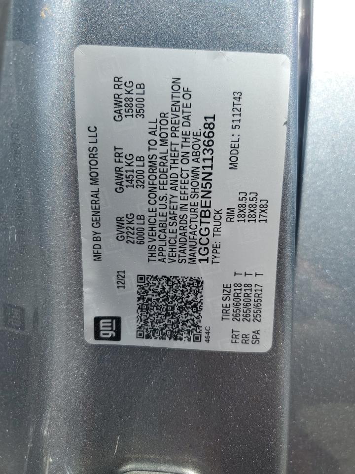 2022 Chevrolet Colorado VIN: 1GCGTBEN5N1136681 Lot: 72027855