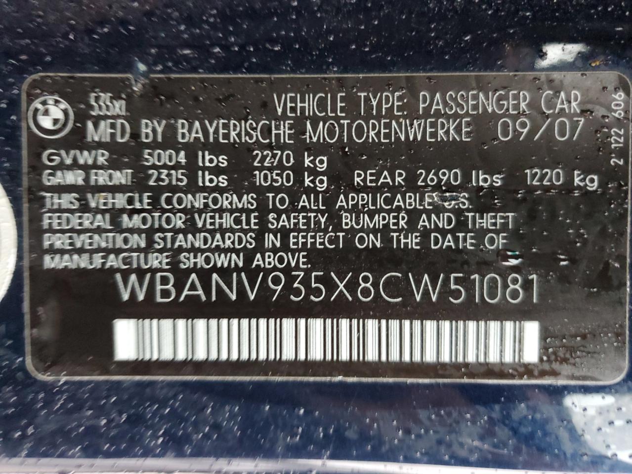 2008 BMW 535 Xi VIN: WBANV935X8CW51081 Lot: 83937915