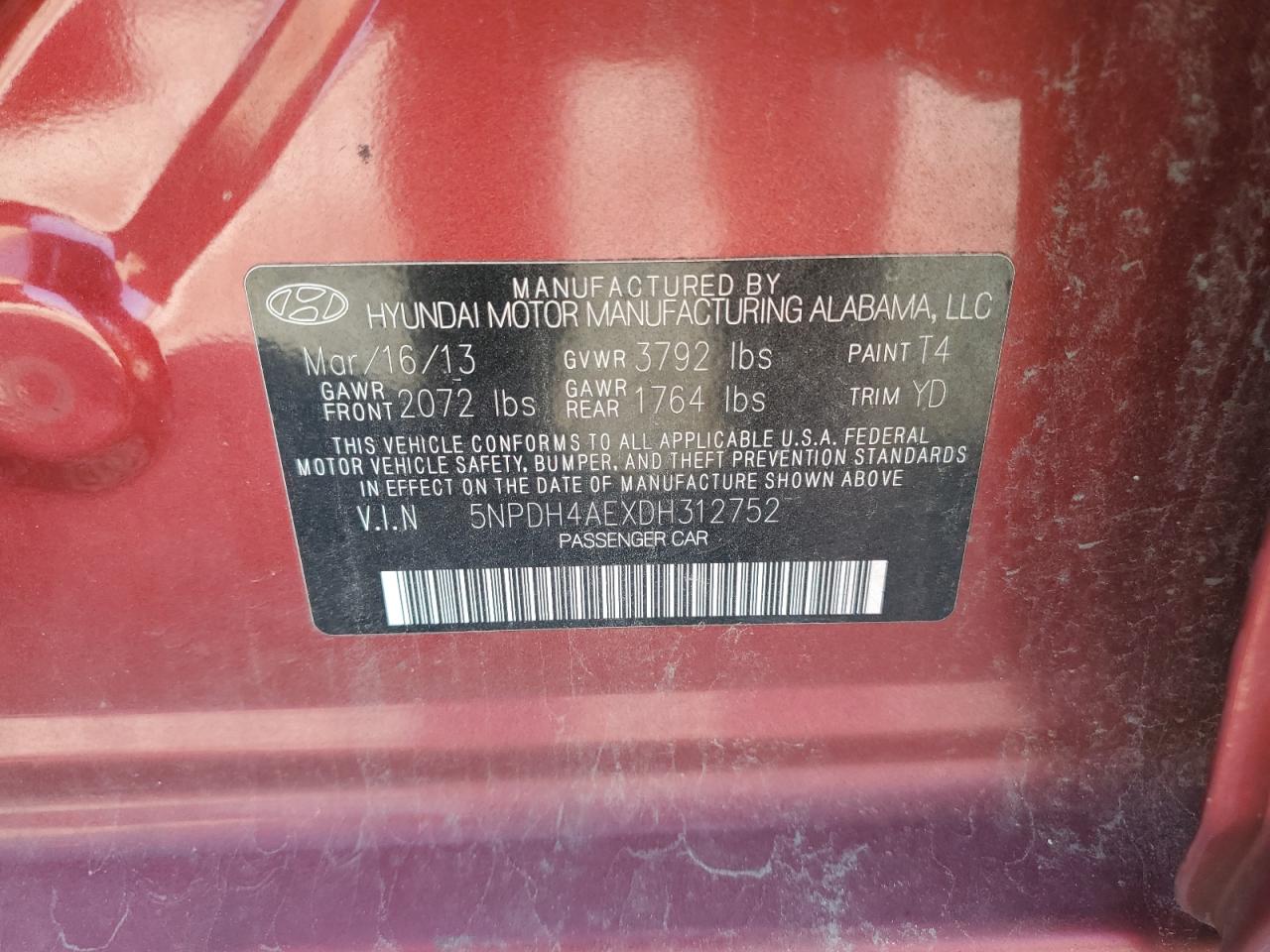 2013 Hyundai Elantra Gls VIN: 5NPDH4AEXDH312752 Lot: 84462285