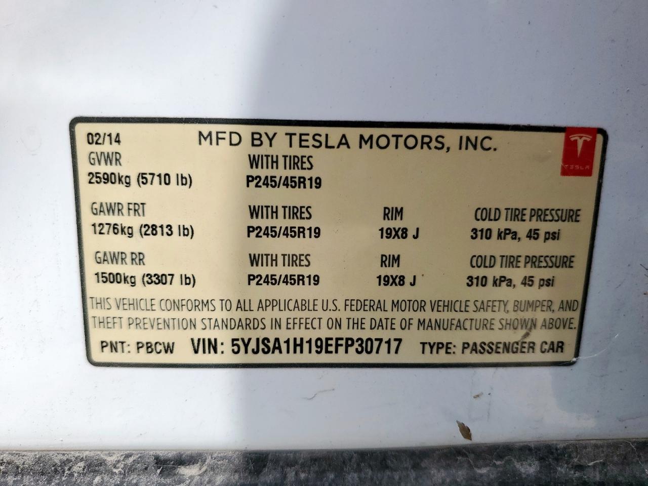 2014 Tesla Model S VIN: 5YJSA1H19EFP30717 Lot: 81050495