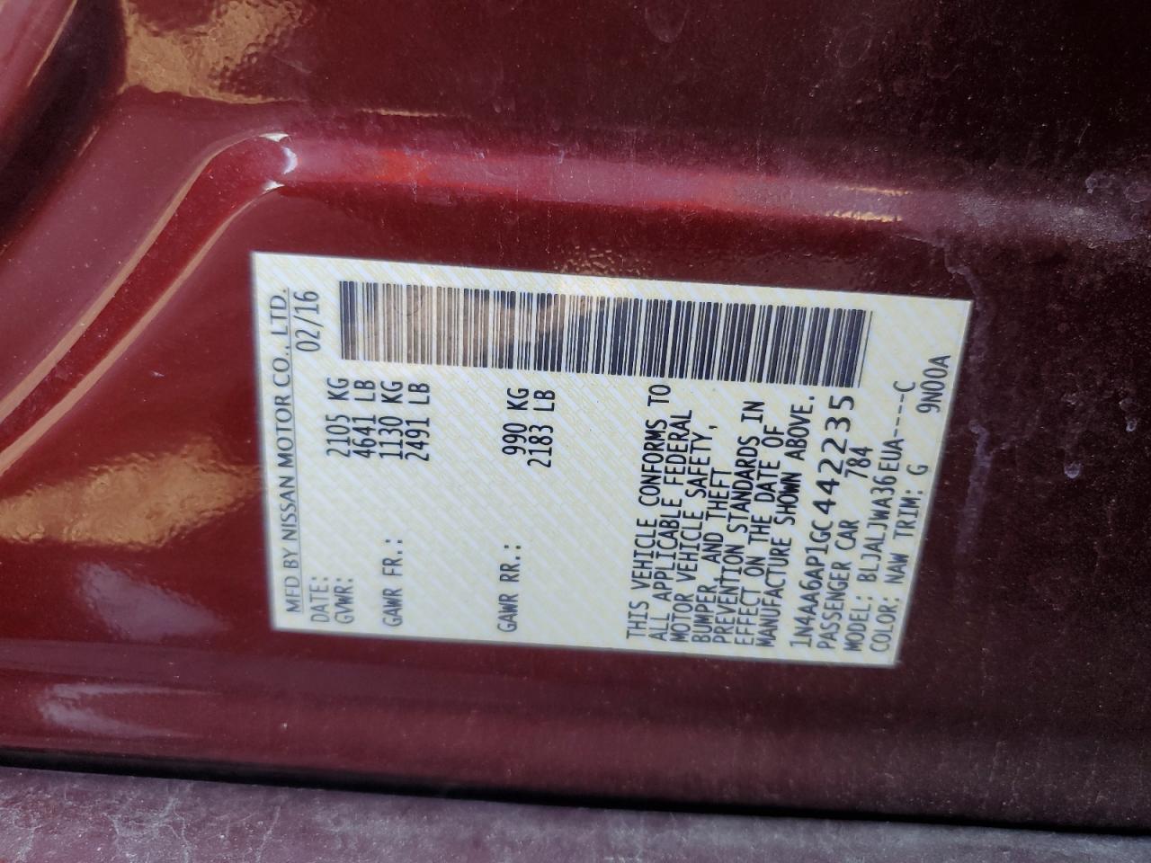 2016 Nissan Maxima 3.5S VIN: 1N4AA6AP1GC442235 Lot: 71241975