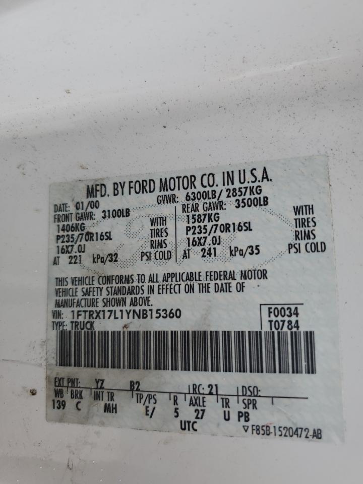 2000 Ford F150 VIN: 1FTRX17L1YNB15360 Lot: 84249325