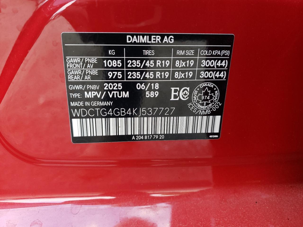 2019 Mercedes-Benz Gla 250 4Matic VIN: WDCTG4GB4KJ537727 Lot: 80987685