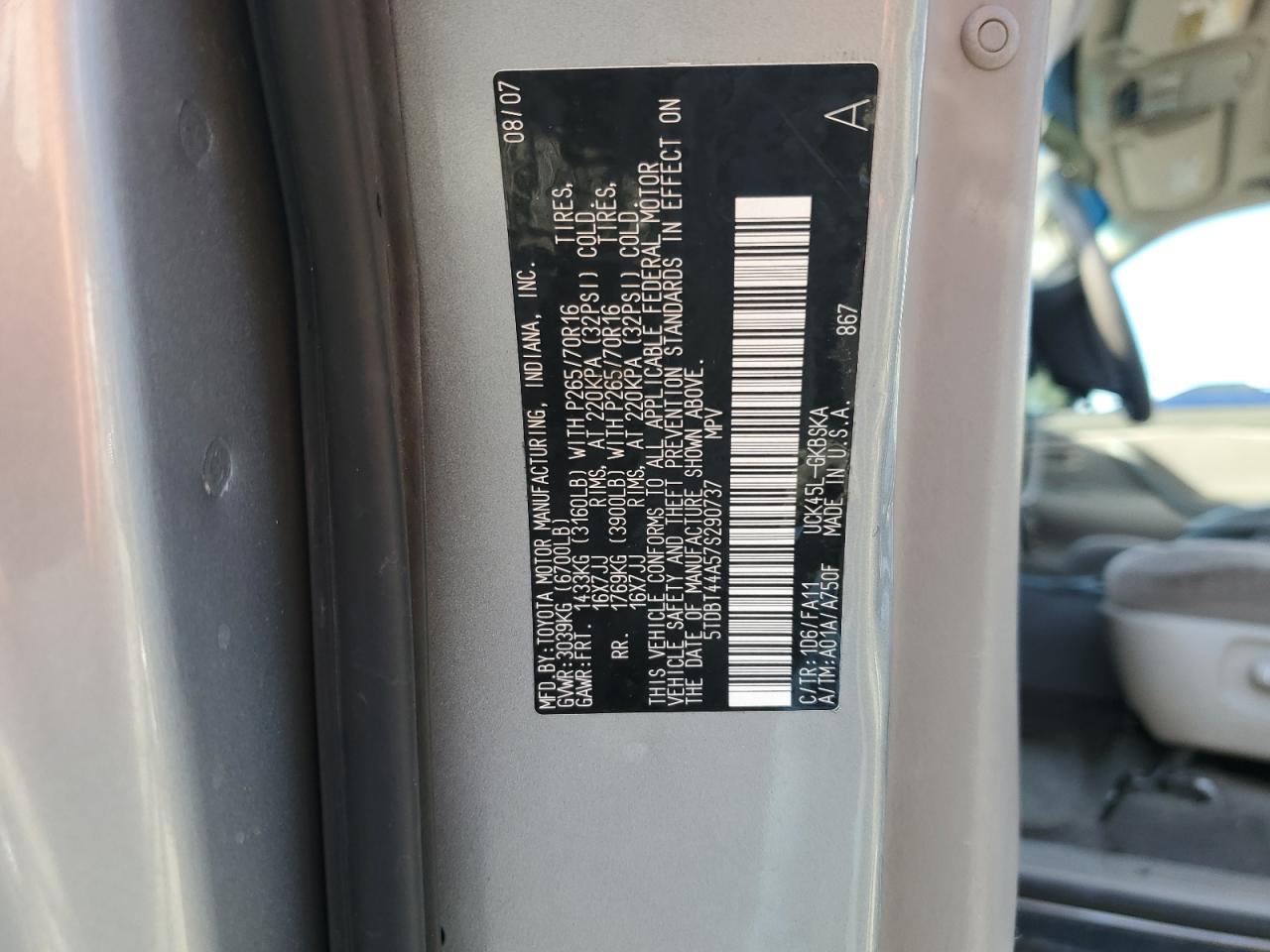 2007 Toyota Sequoia Sr5 VIN: 5TDBT44A57S290737 Lot: 80784905